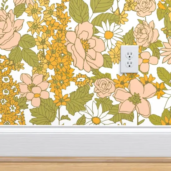 Peel & Stick Wallpaper 2FT Wide Retro Flowers Green Orange Pink 1970s Spring Flower Power Vintage Style Custom Removable Wallpaper by Spoonflower {4}