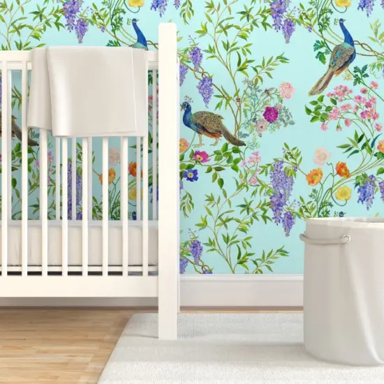 Pre-Pasted Wallpaper 2FT Wide Peacock Chinoiserie Maximalist Spring Floral Forest Elegant Botanical Aqua Mint Light Blue Large Scale Custom Pre-pasted Wallpaper by Spoonflower {7}