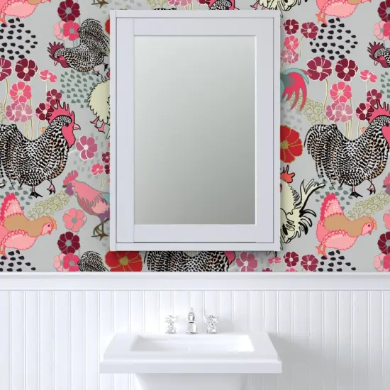 Peel & Stick Wallpaper 2FT Wide Rooster Parade Barnyard Chickens Farm Birds Floral Print Roosters Fowl Pink Custom Removable Wallpaper by Spoonflower {6}