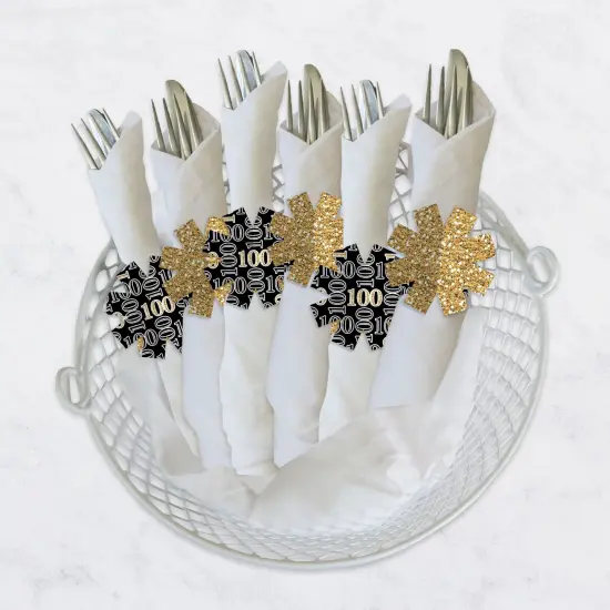 Big Dot of Happiness Adult 100th Birthday - Gold - Birthday Party Paper Napkin Holder - Napkin Rings - Set of 24 {4}