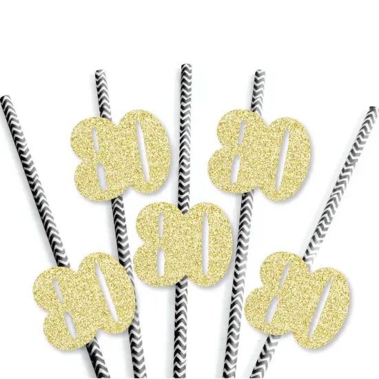 Big Dot of Happiness Gold Glitter 80 Party Straws - No-Mess Real Gold Glitter Cut-Out Numbers & Decorative 80th Birthday Party Paper Straws - 24 Ct {4}