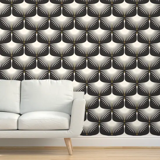 Pre-Pasted Wallpaper 2FT Wide Black And Ivory Mid Century Mod Geometric Swans Art Deco Elegant Feathers Custom Pre-pasted Wallpaper by Spoonflower {5}
