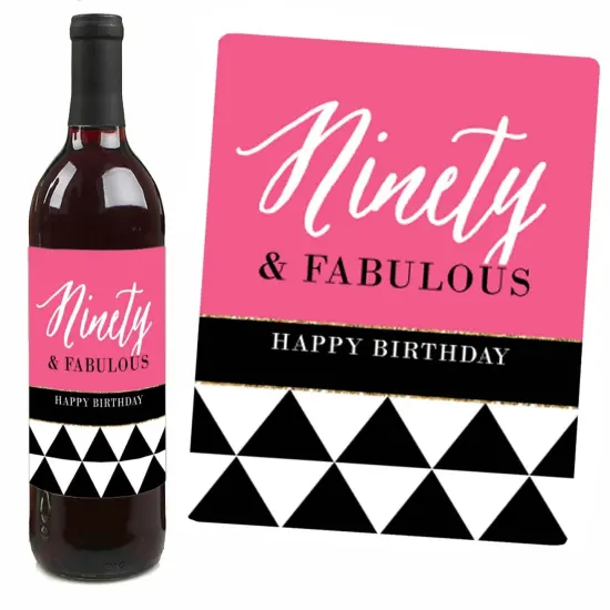 Big Dot of Happiness Chic 90th Birthday - Pink, Black and Gold - Birthday Gift For Women - Wine Bottle Label Stickers - Set of 4 {7}