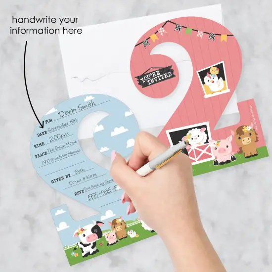 Big Dot of Happiness 2nd Birthday Girl Farm Animals - Shaped Fill-In - Pink Barnyard Second Birthday Party Invitation Cards with Envelopes 12 Ct {3}