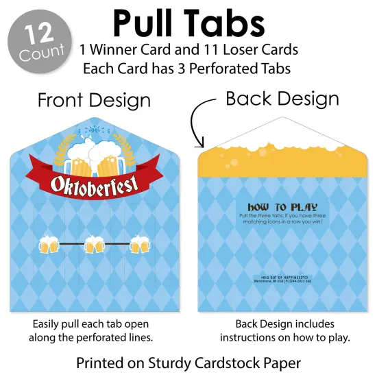 Big Dot of Happiness Oktoberfest - German Beer Festival Game Pickle Cards - Pull Tabs 3-in-a-Row - Set of 12 {6}