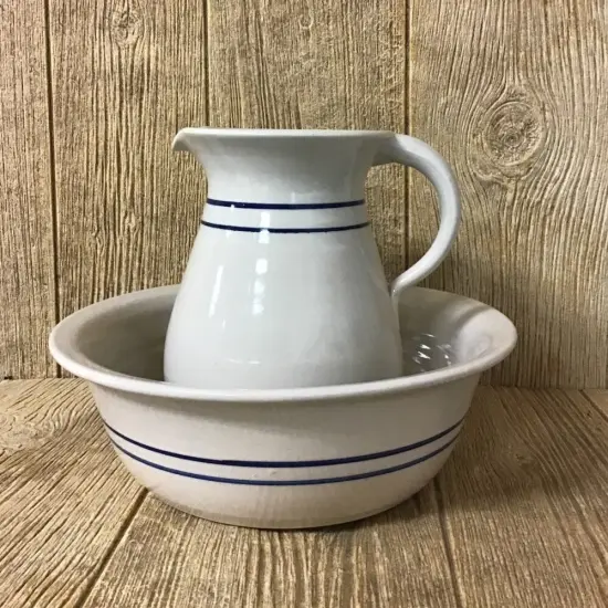 Martinez Pottery Heritage Blue Stripe Stoneware Wash Basin and Pitcher Set {3}