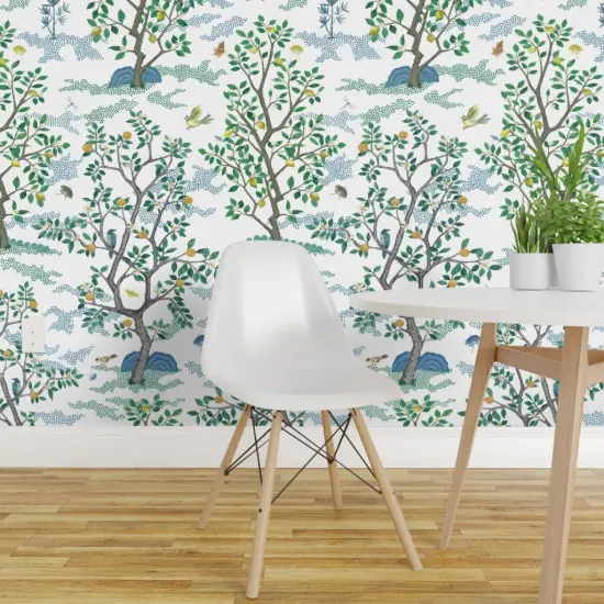 Peel & Stick Wallpaper 2FT Wide Orchard Toile Bird Green Blue Citrus Trees Large Scale Oranges Lemon Toile Chinoiserie Mural Grove Custom Removable Wallpaper by Spoonflower {1}