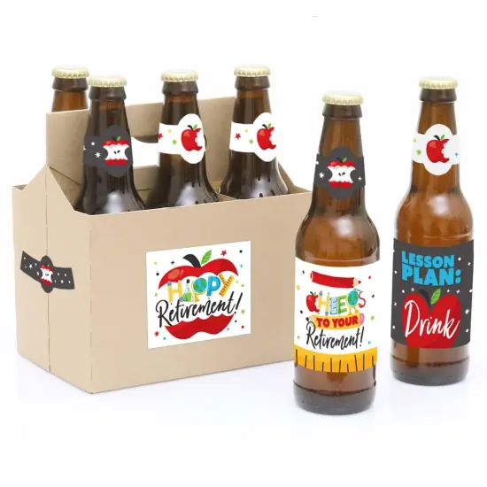 Big Dot of Happiness Teacher Retirement - Happy Retirement Party Decorations for Women and Men - 6 Beer Bottle Label Stickers and 1 Carrier {1}