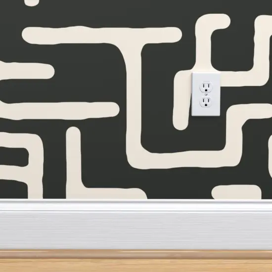 Pre-Pasted Wallpaper 2FT Wide African Geometric Abstract Lines Beige Geo Modern Mod Dark Green Custom Pre-pasted Wallpaper by Spoonflower {4}