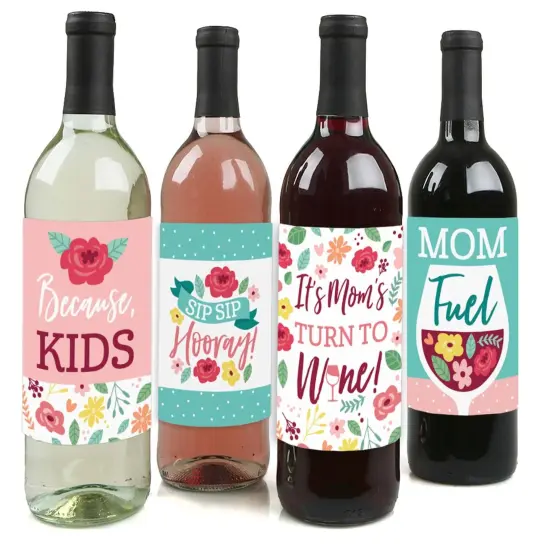 Big Dot of Happiness Colorful Floral Happy Mother's Day - We Love Mom Party Decorations for Women - Wine Bottle Label Stickers - Set of 4 {1}