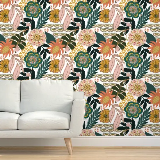 Pre-Pasted Wallpaper 2FT Wide Boho Botanical Maximalist Monstera Palms Floral Jungle Custom Pre-pasted Wallpaper by Spoonflower {5}