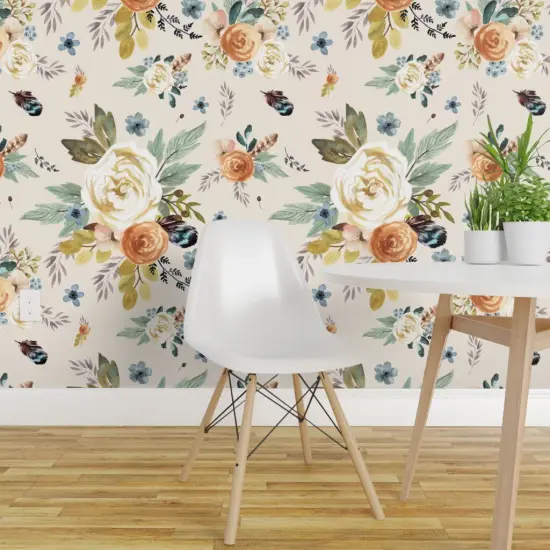 Pre-Pasted Wallpaper 2FT Wide Western Autumn Florals Ivory Rustic Floral Watercolor Boho Chic Feather Woodland Girly Custom Pre-pasted Wallpaper by Spoonflower {1}