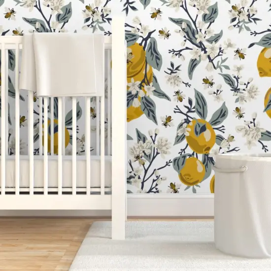 Pre-Pasted Wallpaper 2FT Wide Honey Bees Citrus Floral Mustard Yellow Transitional Style Modern Farmhouse Custom Pre-pasted Wallpaper by Spoonflower {7}