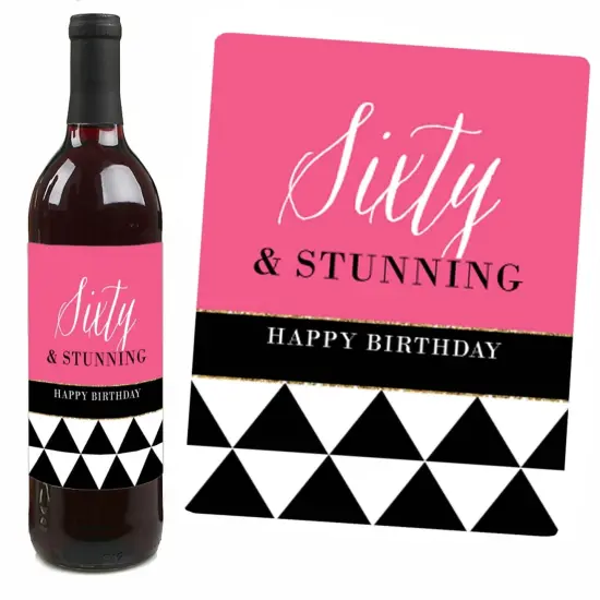Big Dot of Happiness Chic 60th Birthday - Pink, Black and Gold - Birthday Gift For Women - Wine Bottle Label Stickers - Set of 4 {7}