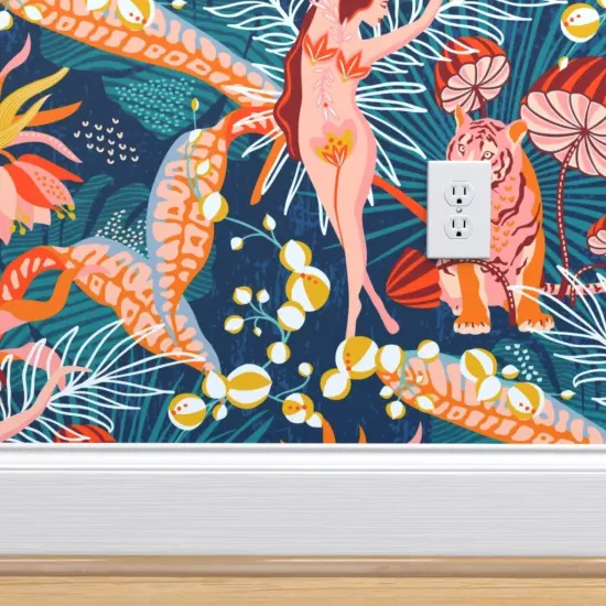 Peel & Stick Wallpaper 2FT Wide Maximalist Tropical Surrealism Jungle Flowers Woman Dancer Coral Tiger Custom Removable Wallpaper by Spoonflower {4}