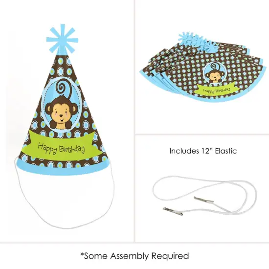 Big Dot of Happiness Blue Monkey Boy - Cone Happy Birthday Party Hats for Kids and Adults - Set of 8 (Standard Size) {6}