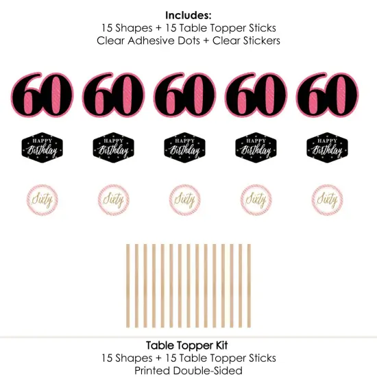 Big Dot of Happiness Chic 60th Birthday - Pink, Black and Gold - Birthday Party Centerpiece Sticks - Table Toppers - Set of 15 {7}