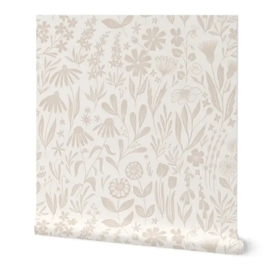 Peel & Stick Wallpaper 2FT Wide Flowers Cream Tan Nude Medium Scale Subtle Floral Wildflowers Botanical Custom Removable Wallpaper by Spoonflower {7}