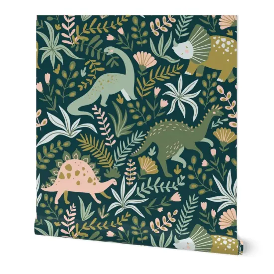 Peel & Stick Wallpaper 2FT Wide Botanical Dinosaurs Green Pink Animals Jurassic Kids Children Prehistoric Custom Removable Wallpaper by Spoonflower {7}
