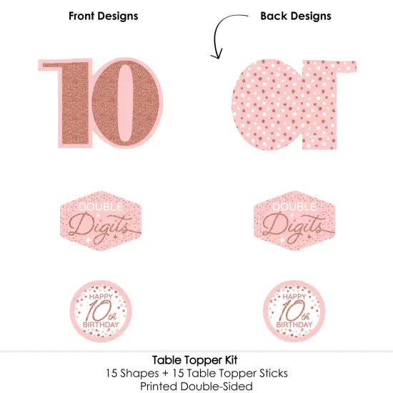 Big Dot of Happiness 10th Pink Rose Gold Birthday - Happy Birthday Party Centerpiece Sticks - Table Toppers - Set of 15 {6}