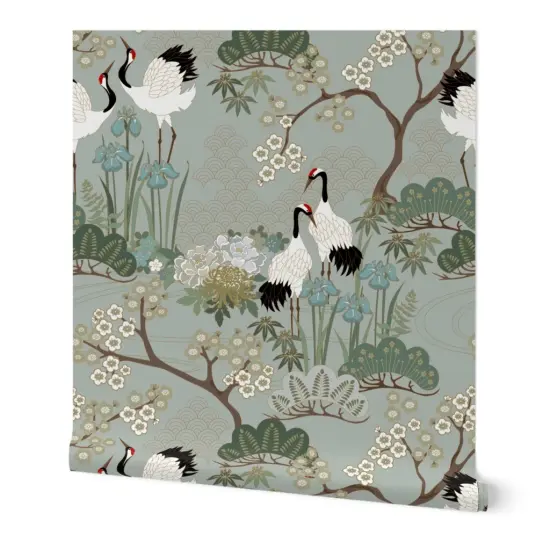 Peel & Stick Wallpaper 2FT Wide Crane Chinoiserie Sakura Cherry Blossom Floral Birds And Flowers Gardens Custom Removable Wallpaper by Spoonflower {7}