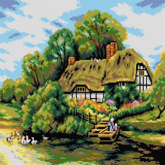 Large Cottage by a River 2704M Needlepoint canvas for halfstitch without yarn {1}