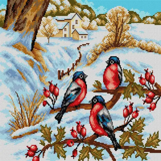 Needlepoint canvas for halfstitch without yarn Winter Landscape with Bullfinches 2421M {1}