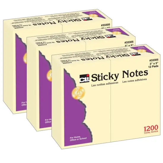 Sticky Note Pads, 3" x 5" Plain, 12 Per Pack, 3 Packs {1}