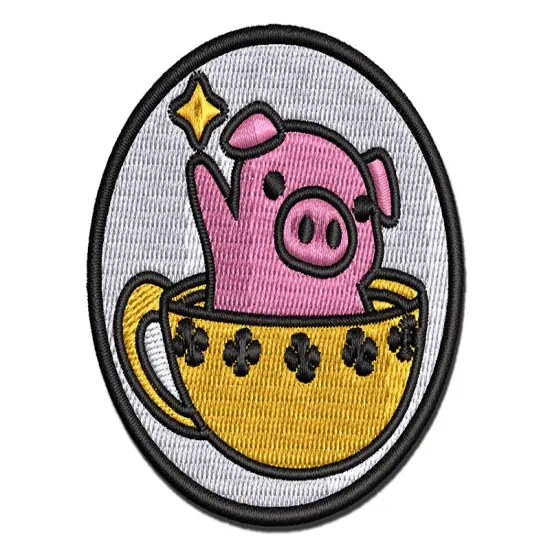 Teacup Pig Multi-Color Embroidered Iron-On or Hook & Loop Patch Applique {1}