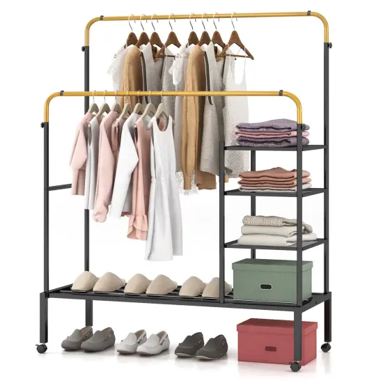 Costway Rolling Clothes Drying Rack Double Rods Garment Rack with Height Adjustables Gold/Silver {8}