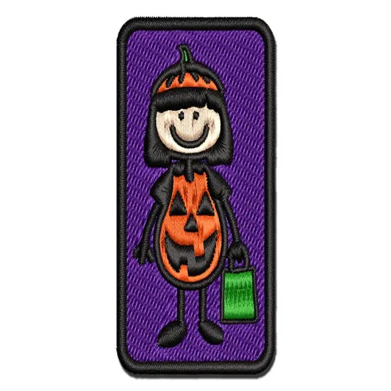 Stick Figure Girl Halloween Pumpkin Multi-Color Embroidered Iron-On or Hook & Loop Patch Applique {1}