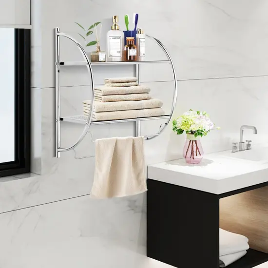 Costway Wall Mounted Bathroom Shelf with 2 Tier Bathroom Towel Rack 2 Towel Bars for Hotel White/Sliver {2}