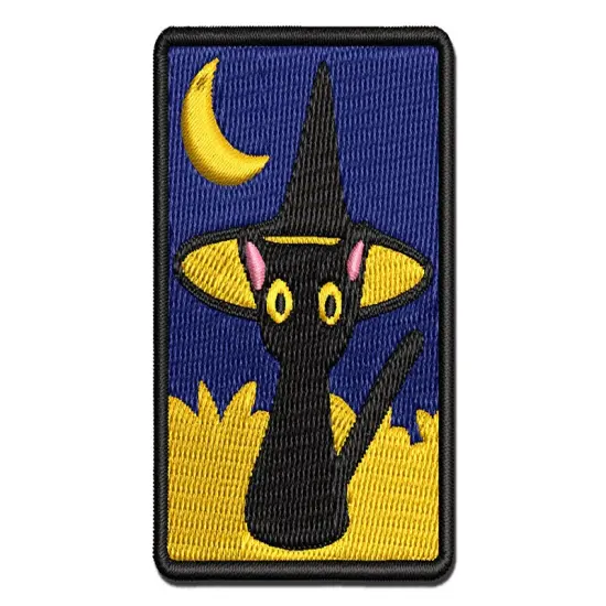 Spooked Cat in Witch Hat Halloween Multi-Color Embroidered Iron-On or Hook & Loop Patch Applique {1}