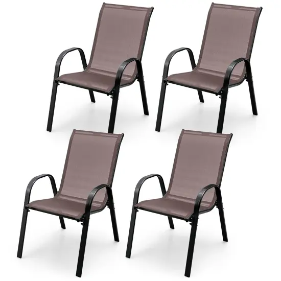 Costway Set of 4 Patio Dining Chairs Stackable Armrest Space Saving Garden Brown/Grey {1}