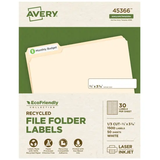 Avery EcoFriendly Recycled File Folder Labels, 2/3" x 3-7/16", White, Permanent Label Adhesive, 1,500 Printable Labels (45366) {1}