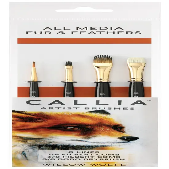 Willow Wolfe Callia Artist All Media Fur & Feather Brush Set-Liner, Filbert Combs, Dodo Drybrush {1}