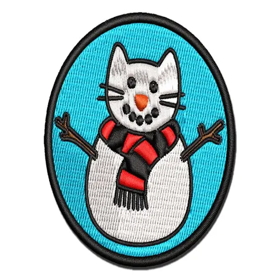 Snowman Cat Christmas Multi-Color Embroidered Iron-On or Hook & Loop Patch Applique {1}