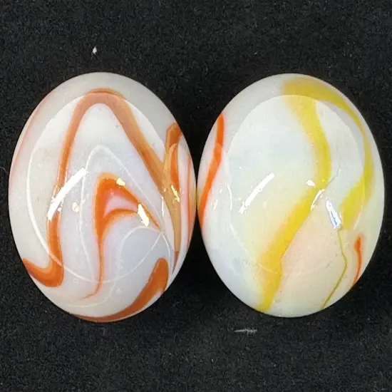 2 BOULDERS 35mm GELATO Marbles Glass White Yellow Orange Iridescent LARGE Swirl {4}