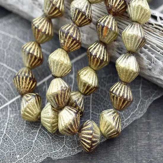 *15* 11mm Gold Washed Orange Amber Fluted Bicone Beads {5}