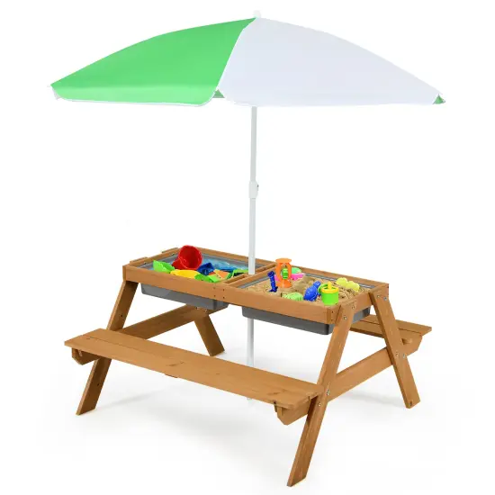 Costway 3-in-1 Kids Picnic Table Wooden Outdoor Sand & Water Table with Umbrella Play Boxes Natural/Blue/Green {7}