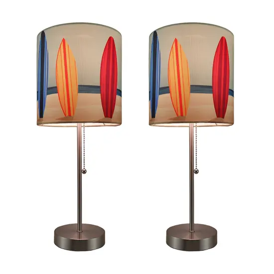 Set of 2 Stainless Steel Table Lamps w/ Decorative Surfboard Shades {1}