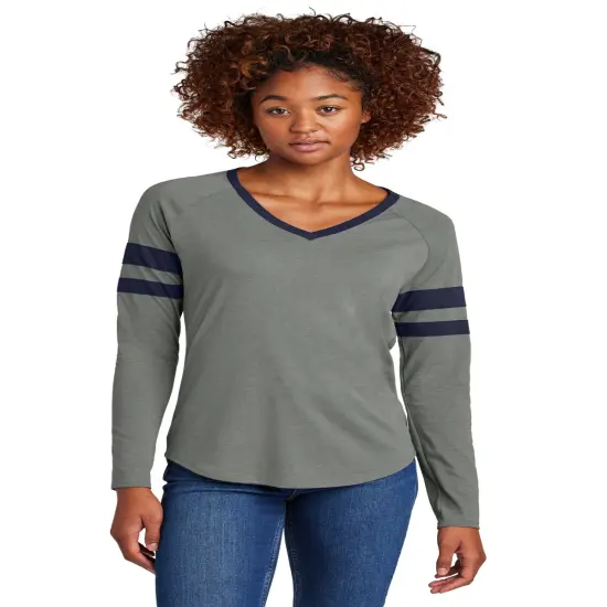 Sport-Tek&reg; Women's Halftime Stripe Long Sleeve V-Neck Tee Vintage heather/ ecr {4}