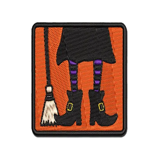 Witch Feet With Broom Halloween Multi-Color Embroidered Iron-On or Hook & Loop Patch Applique {1}