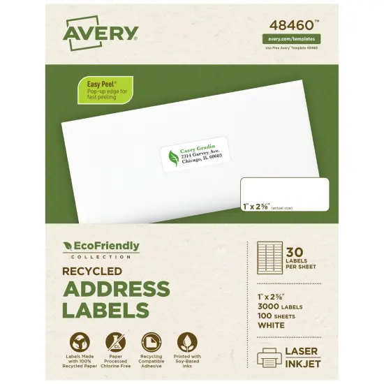 Avery EcoFriendly Recycled Address Labels, 1" x 2-5/8", White, Permanent Label Adhesive, 3,000 Printable Labels (48460) {1}
