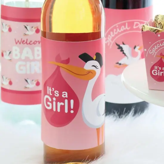 Big Dot of Happiness Girl Special Delivery - Pink It's A Girl Stork Baby Shower Decorations for Women and Men - Wine Bottle Label Stickers - Set of 4 {3}