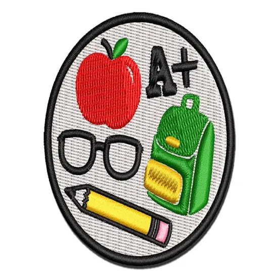 School Backpack Pencils Glasses Apple Multi-Color Embroidered Iron-On or Hook & Loop Patch Applique {1}
