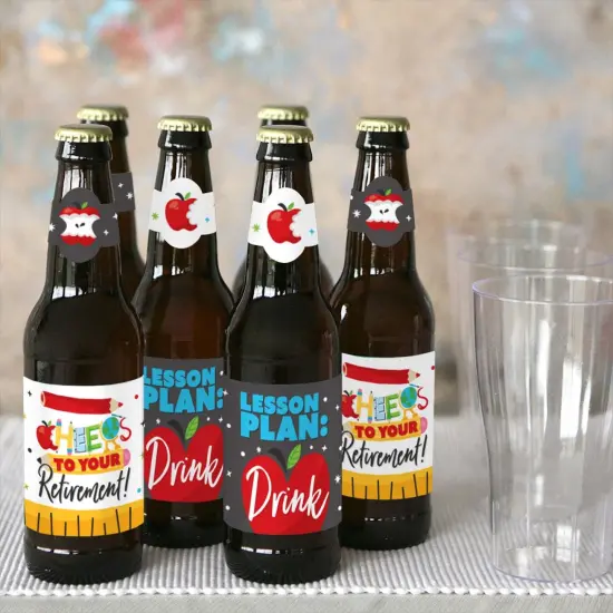 Big Dot of Happiness Teacher Retirement - Happy Retirement Party Decorations for Women and Men - 6 Beer Bottle Label Stickers and 1 Carrier {7}