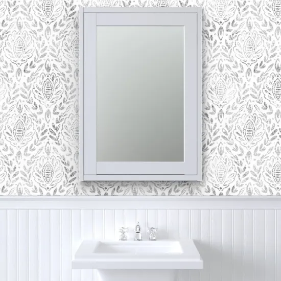 Peel & Stick Wallpaper 2FT Wide Neutral Damask Black And White Leaves Grey Gray Wallpaper Neutral Damask Texture Faded Distressed Custom Removable Wallpaper by Spoonflower {6}
