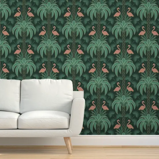 Peel & Stick Wallpaper 2FT Wide Tropical Art Deco Flamingo Tropical Moody Flora Miami Plants Damask 1920S Elegant Maximalism Custom Removable Wallpaper by Spoonflower {5}