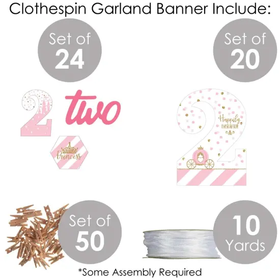 Big Dot of Happiness 2nd Birthday Little Princess Crown - Pink & Gold Princess Second Birthday Party DIY Decor - Clothespin Garland Banner - 44 Pieces {6}